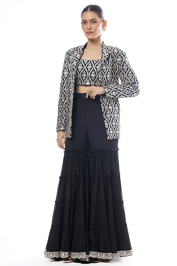 Black Tussar Mirror Embellished Jacket Set by GOPI VAID at Pernia's Pop Up Shop