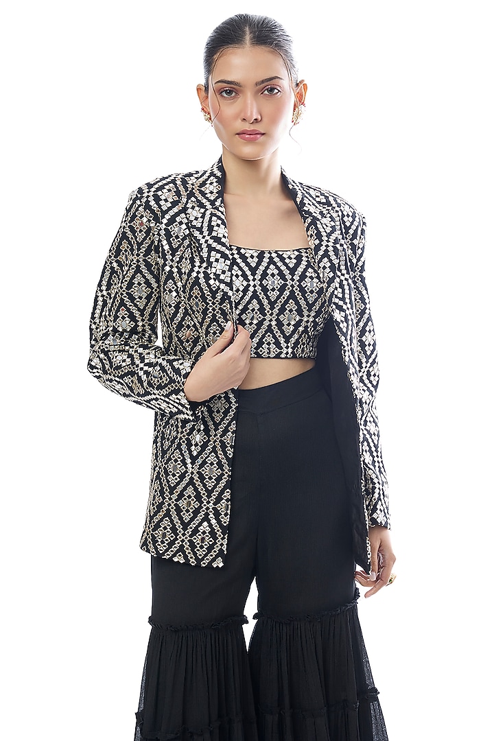 Black Tussar Mirror Embellished Jacket Set by GOPI VAID at Pernia's Pop Up Shop
