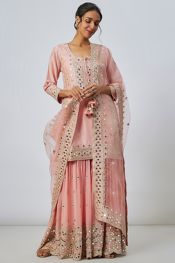 Pink Georgette Mirror Work Wedding Sharara Set by Gopi Vaid at Pernia's Pop Up Shop