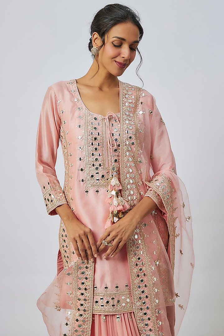 Pink Georgette Mirror Work Wedding Sharara Set by Gopi Vaid at Pernia's Pop Up Shop