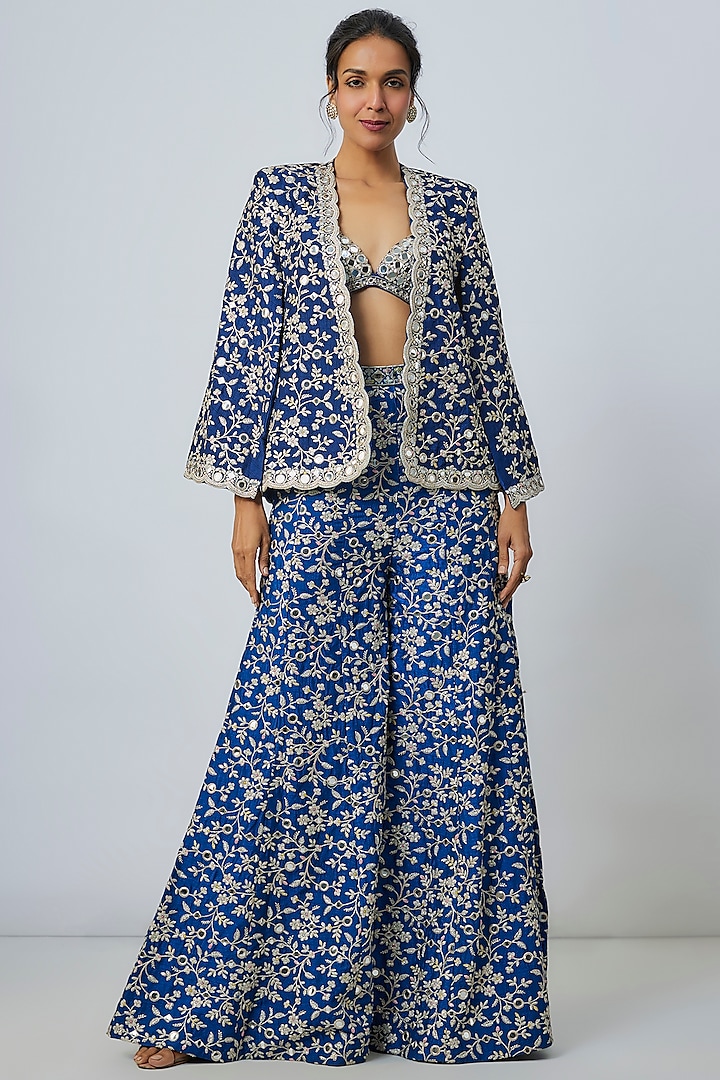 Blue Tussar Embroidered Jacket Set by Gopi Vaid at Pernia's Pop Up Shop