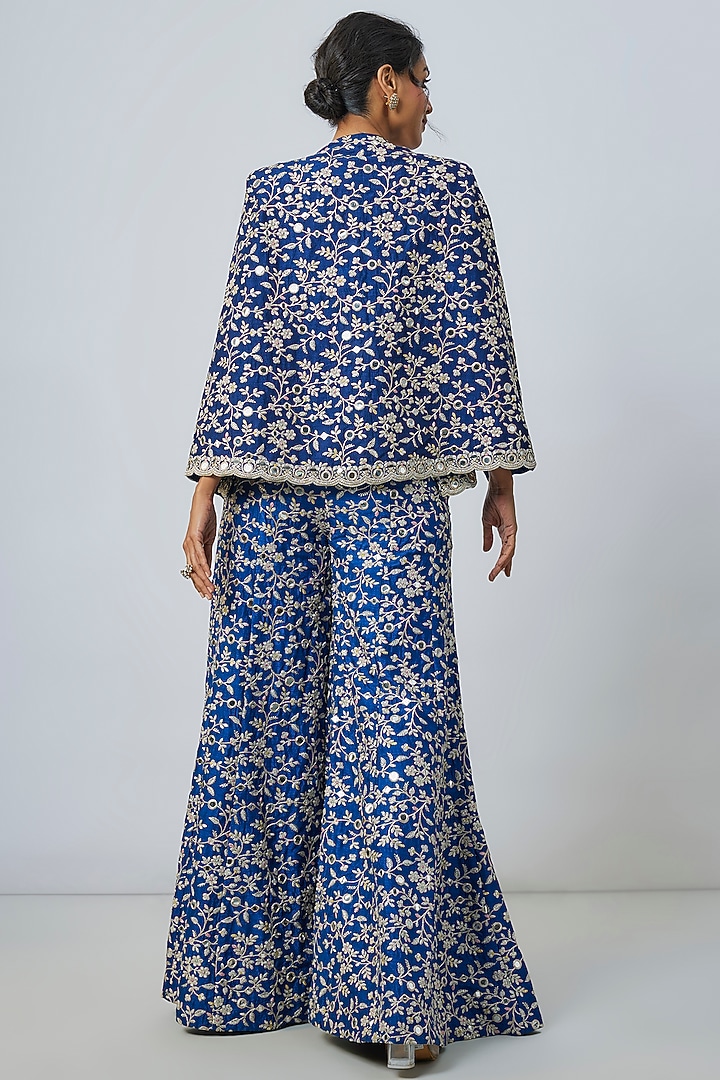 Blue Tussar Embroidered Jacket Set by Gopi Vaid at Pernia's Pop Up Shop