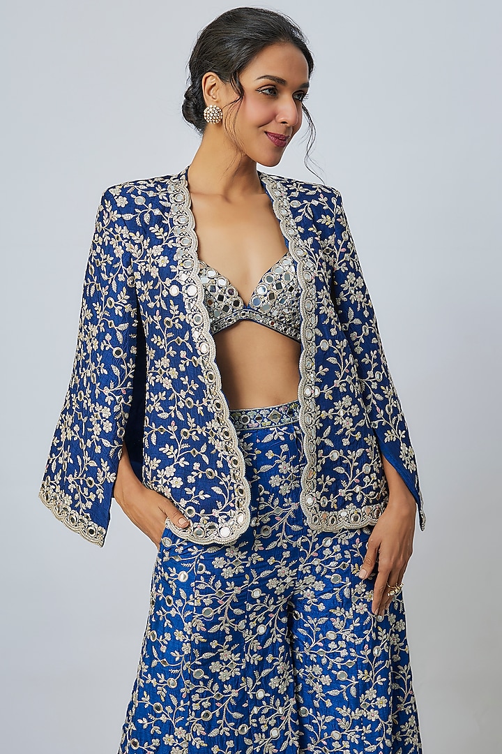 Blue Tussar Embroidered Jacket Set by Gopi Vaid at Pernia's Pop Up Shop