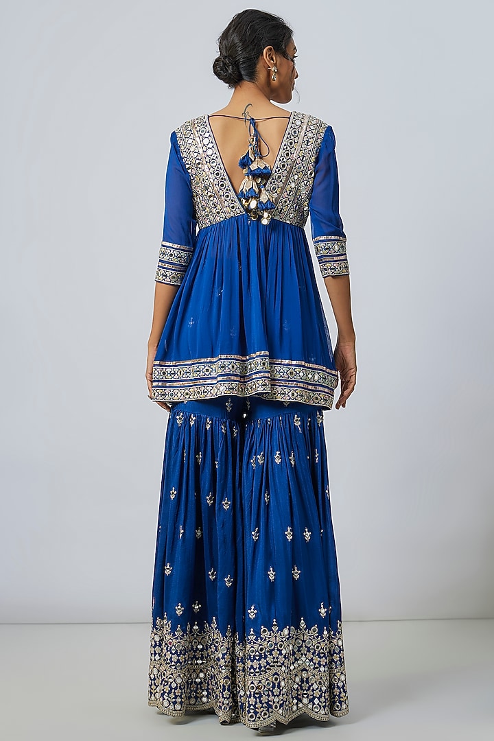 Blue Georgette Scalloped Wedding Sharara Set by Gopi Vaid at Pernia's Pop Up Shop
