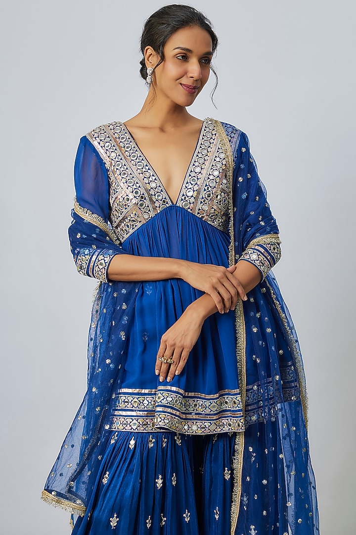 Blue Georgette Scalloped Wedding Sharara Set by Gopi Vaid at Pernia's Pop Up Shop