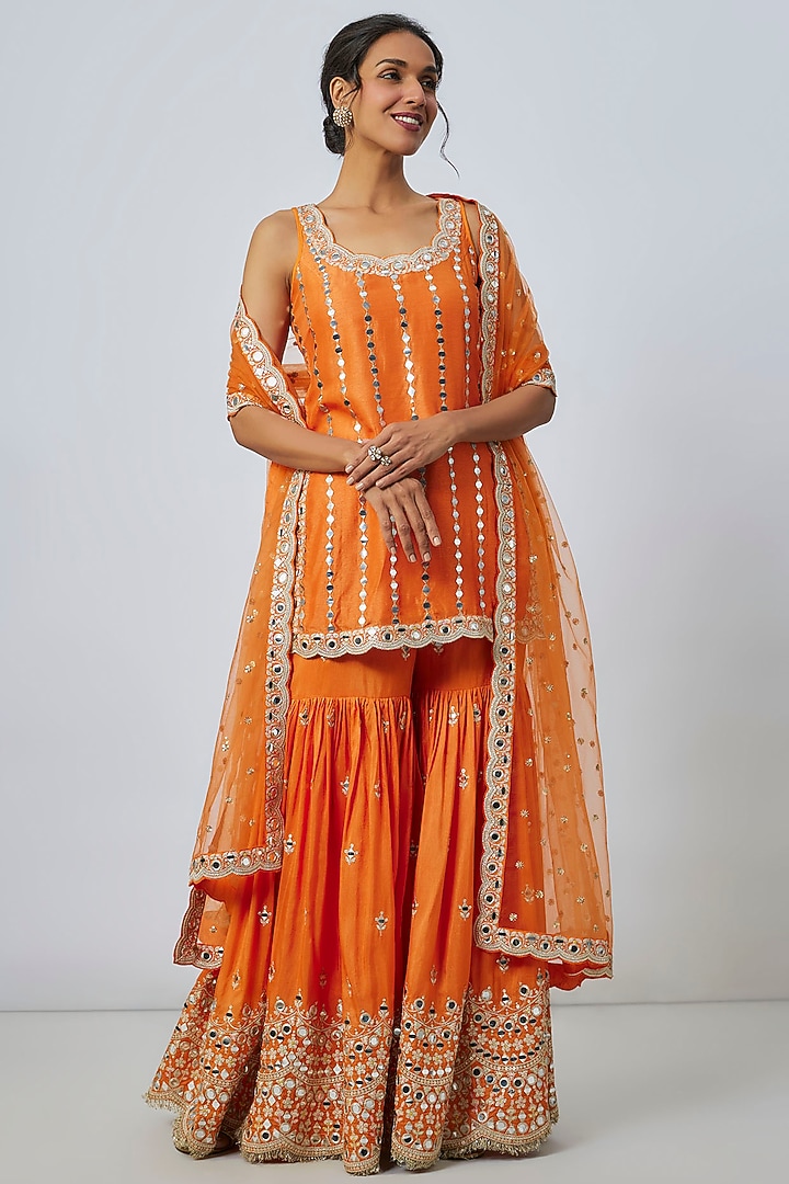 Orange Georgette Mirror Embellished Scalloped Wedding Sharara Set by Gopi Vaid at Pernia's Pop Up Shop