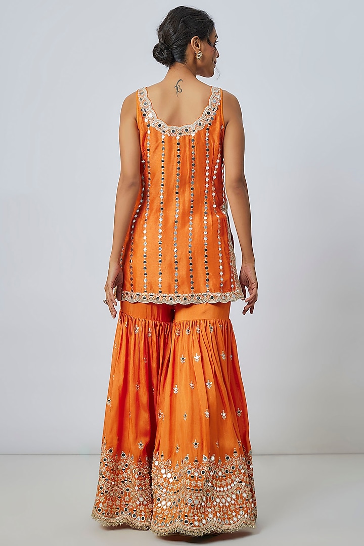 Orange Georgette Mirror Embellished Scalloped Wedding Sharara Set by Gopi Vaid at Pernia's Pop Up Shop