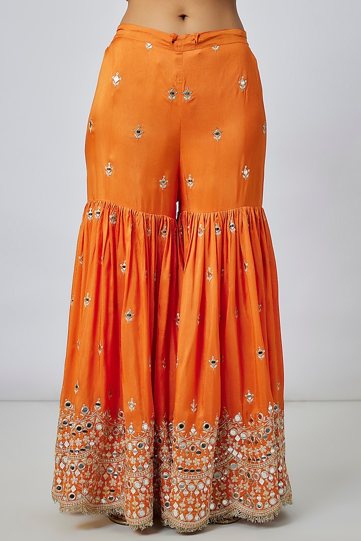 Orange Georgette Mirror Embellished Scalloped Wedding Sharara Set by Gopi Vaid at Pernia's Pop Up Shop