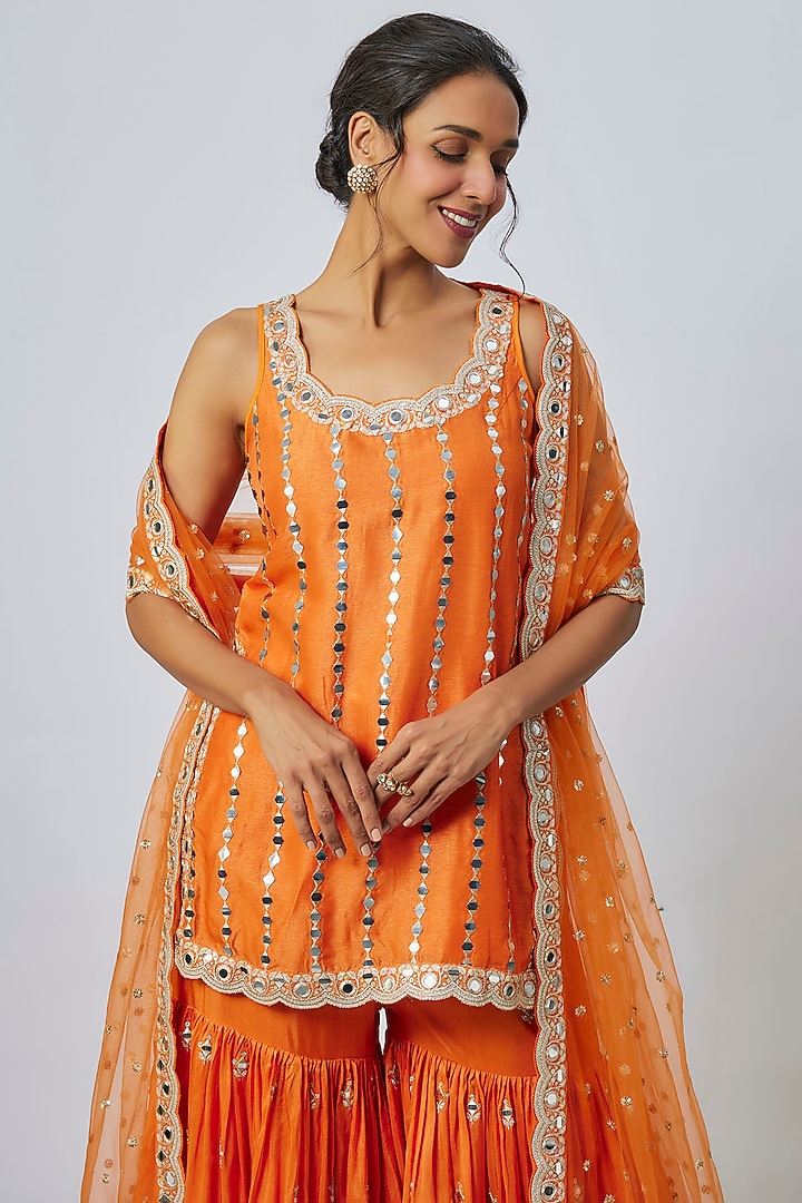 Orange Georgette Mirror Embellished Scalloped Wedding Sharara Set by Gopi Vaid at Pernia's Pop Up Shop