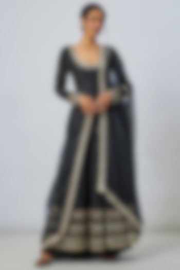 Black Tussar Mirror Embroidered Wedding Anarkali Set by Gopi Vaid at Pernia's Pop Up Shop
