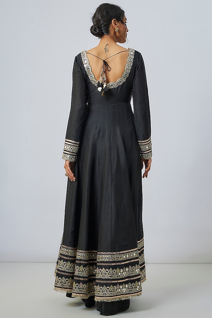 Black Tussar Mirror Embroidered Wedding Anarkali Set by Gopi Vaid at Pernia's Pop Up Shop