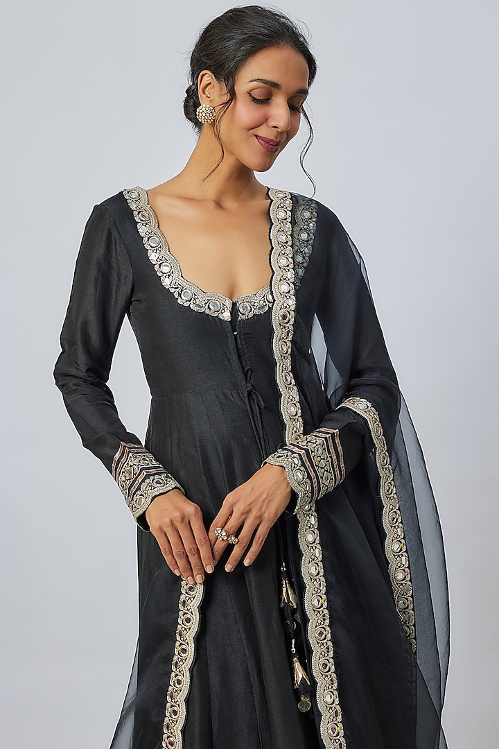 Black Tussar Mirror Embroidered Wedding Anarkali Set by Gopi Vaid at Pernia's Pop Up Shop