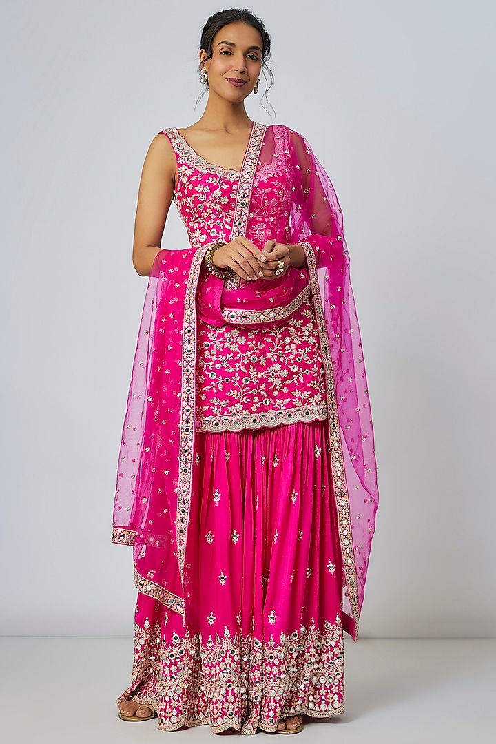 Pink Georgette Mirror Embellished Wedding Sharara Set by Gopi Vaid at Pernia's Pop Up Shop