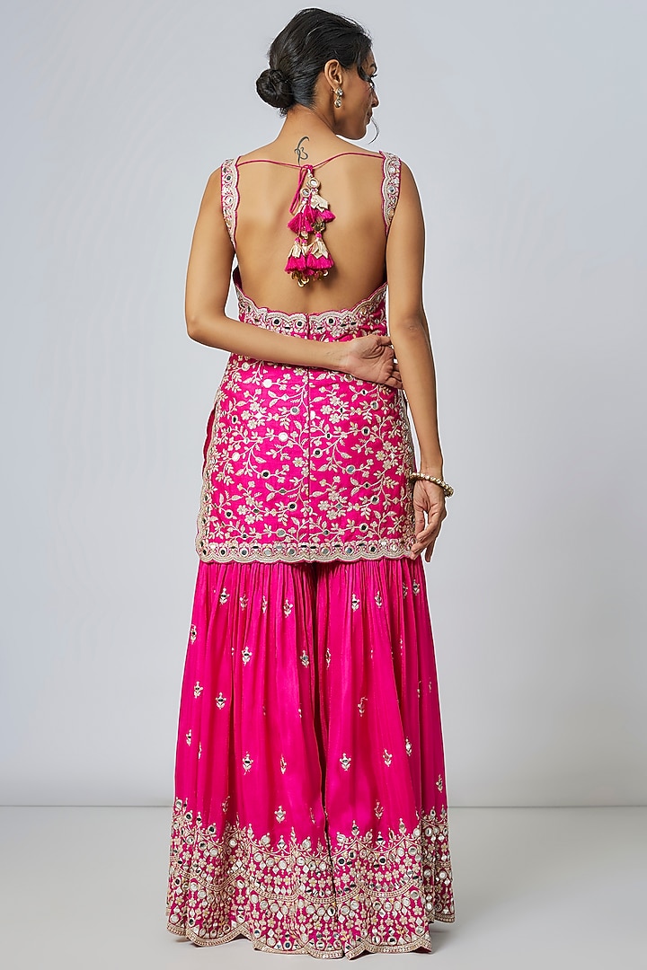 Pink Georgette Mirror Embellished Wedding Sharara Set by Gopi Vaid at Pernia's Pop Up Shop