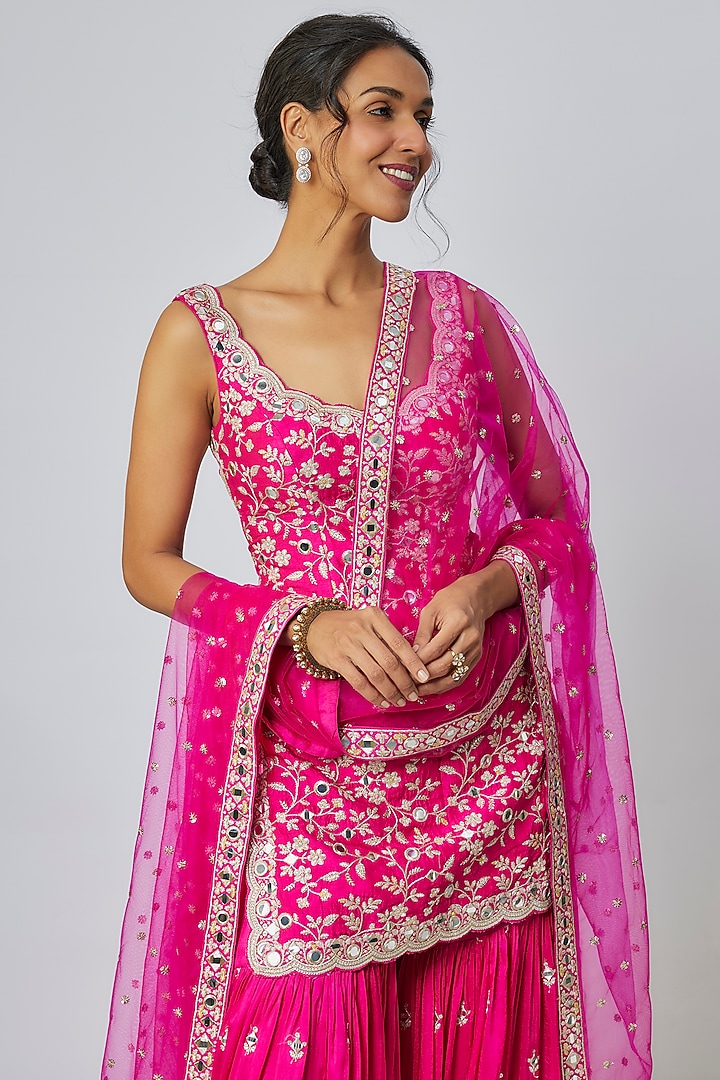 Pink Georgette Mirror Embellished Wedding Sharara Set by Gopi Vaid at Pernia's Pop Up Shop