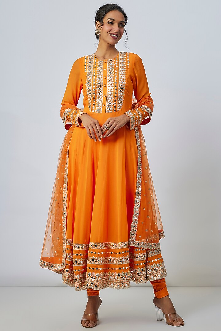 Orange Georgette Mirror Work Wedding Anarkali Set by Gopi Vaid at Pernia's Pop Up Shop