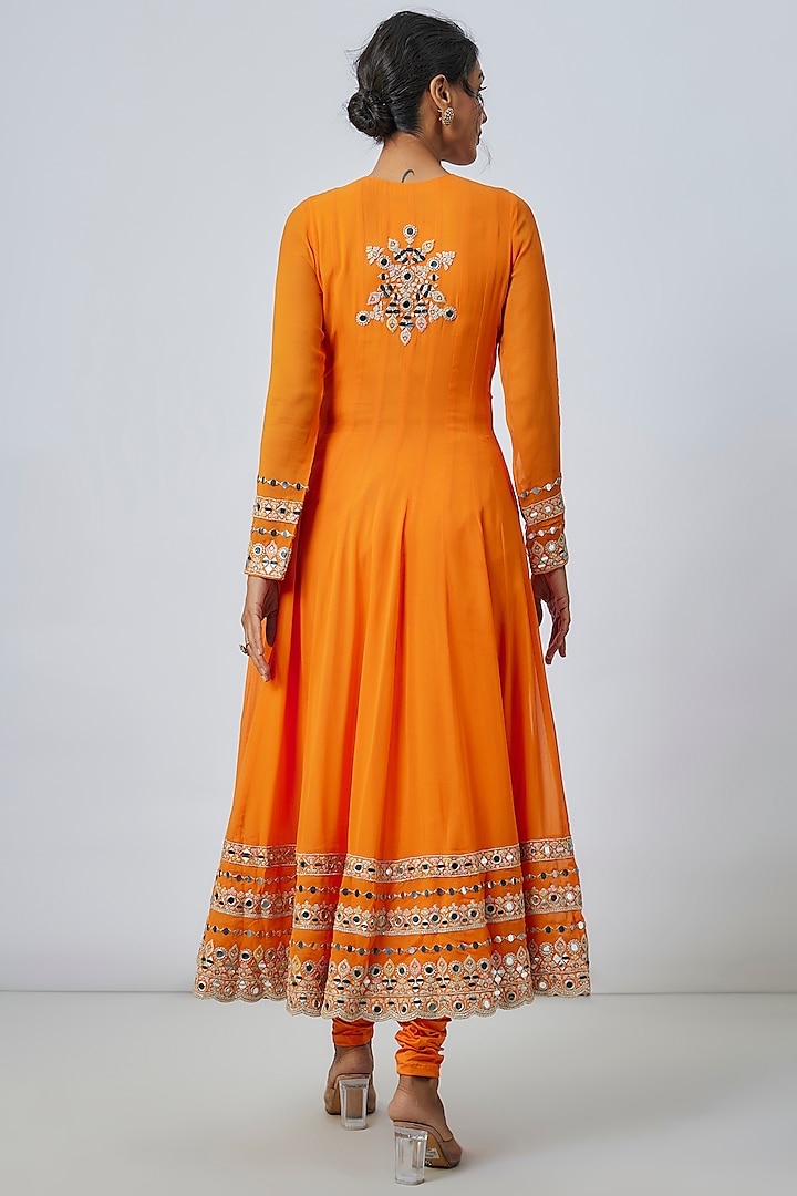 Orange Georgette Mirror Work Wedding Anarkali Set by Gopi Vaid at Pernia's Pop Up Shop