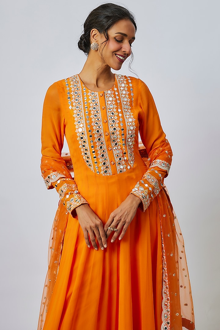 Orange Georgette Mirror Work Wedding Anarkali Set by Gopi Vaid at Pernia's Pop Up Shop