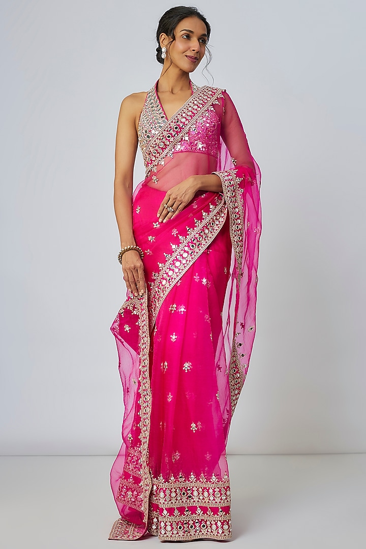 Pink Organza Mirror Work Wedding Saree Set by Gopi Vaid at Pernia's Pop Up Shop