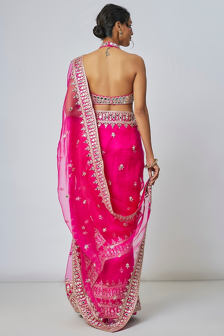 Pink Organza Mirror Work Wedding Saree Set by Gopi Vaid at Pernia's Pop Up Shop