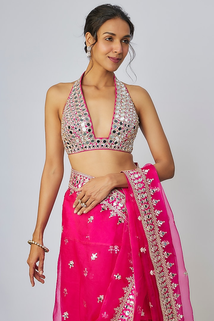 Pink Organza Mirror Work Wedding Saree Set by Gopi Vaid at Pernia's Pop Up Shop