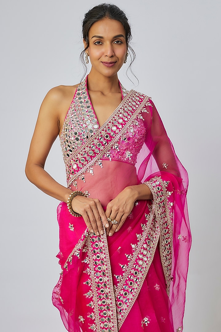Pink Organza Mirror Work Wedding Saree Set by Gopi Vaid at Pernia's Pop Up Shop