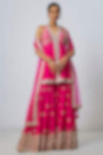 Pink Georgette Mirror Embroidered Scalloped Wedding Sharara Set by GOPI VAID at Pernia's Pop Up Shop