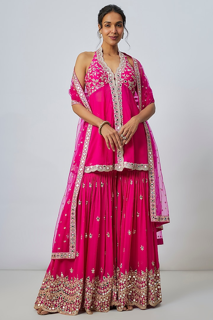 Pink Georgette Mirror Embroidered Scalloped Wedding Sharara Set by GOPI VAID at Pernia's Pop Up Shop