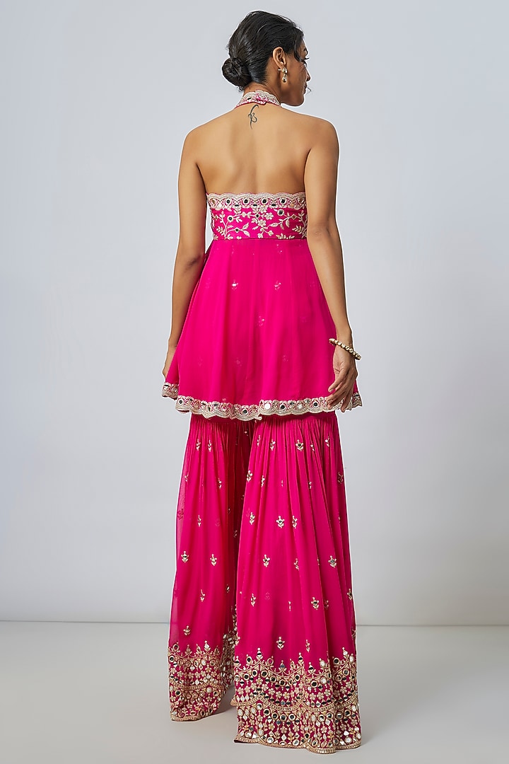 Pink Georgette Mirror Embroidered Scalloped Wedding Sharara Set by GOPI VAID at Pernia's Pop Up Shop