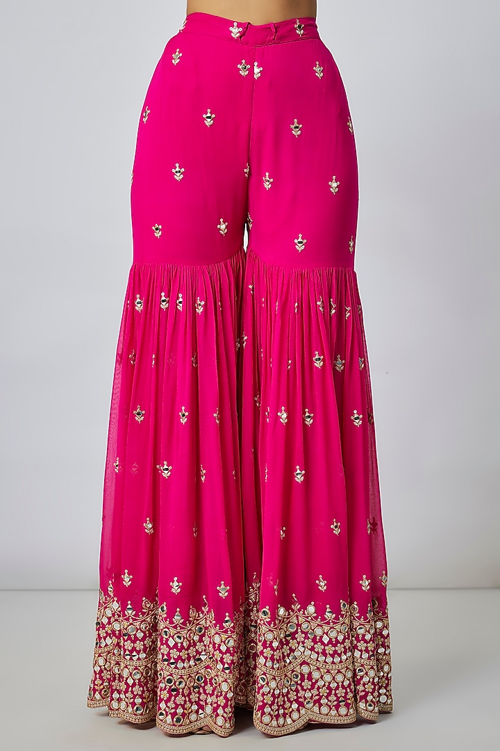 Pink Georgette Mirror Embroidered Scalloped Wedding Sharara Set by GOPI VAID at Pernia's Pop Up Shop