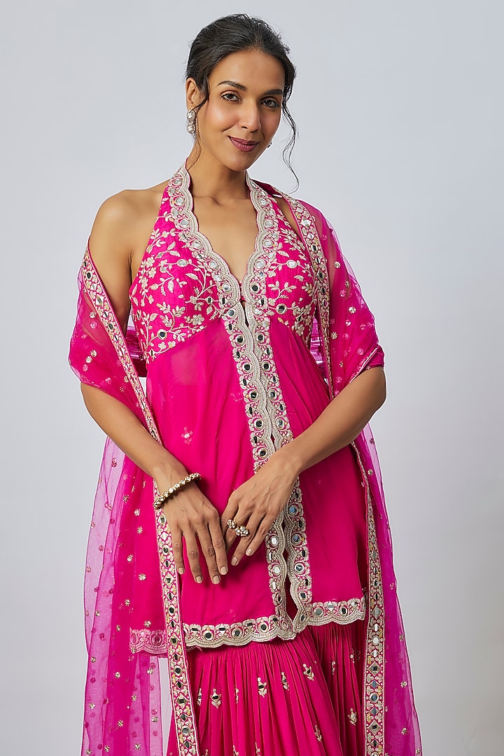 Pink Georgette Mirror Embroidered Scalloped Wedding Sharara Set by GOPI VAID at Pernia's Pop Up Shop