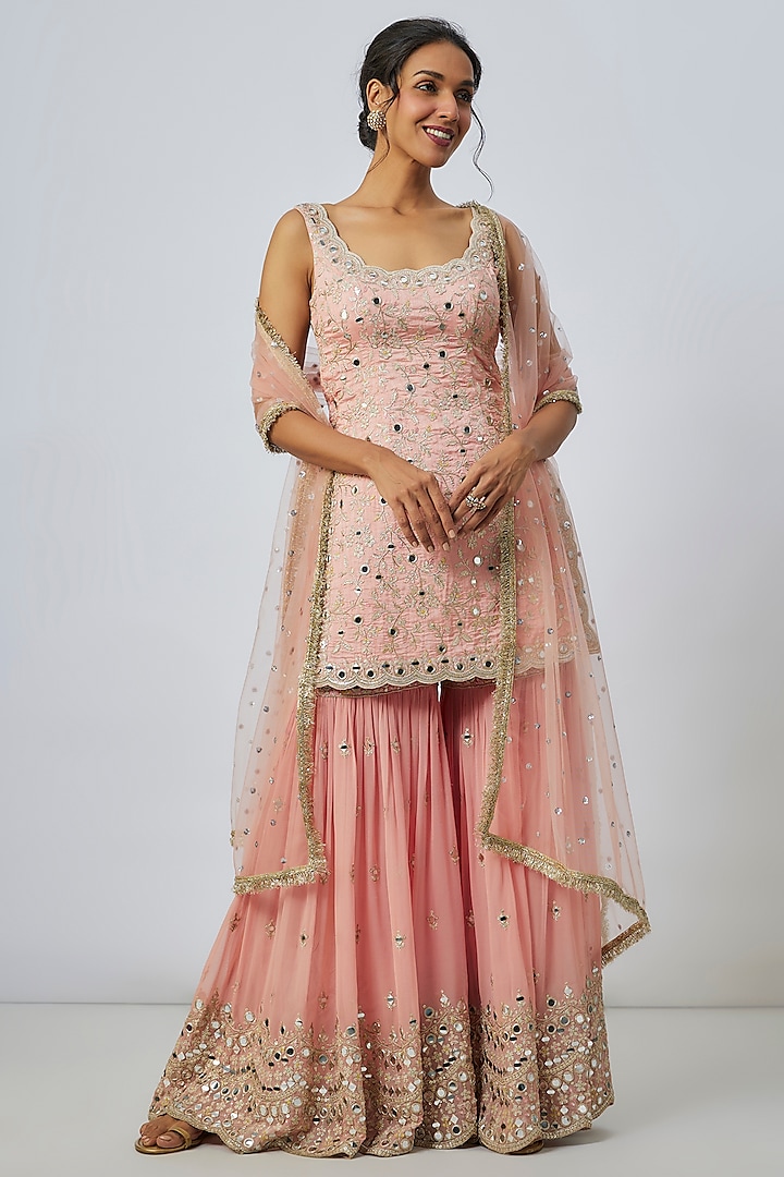 Pink Georgette Mirror Embroidered Wedding Sharara Set by GOPI VAID at Pernia's Pop Up Shop