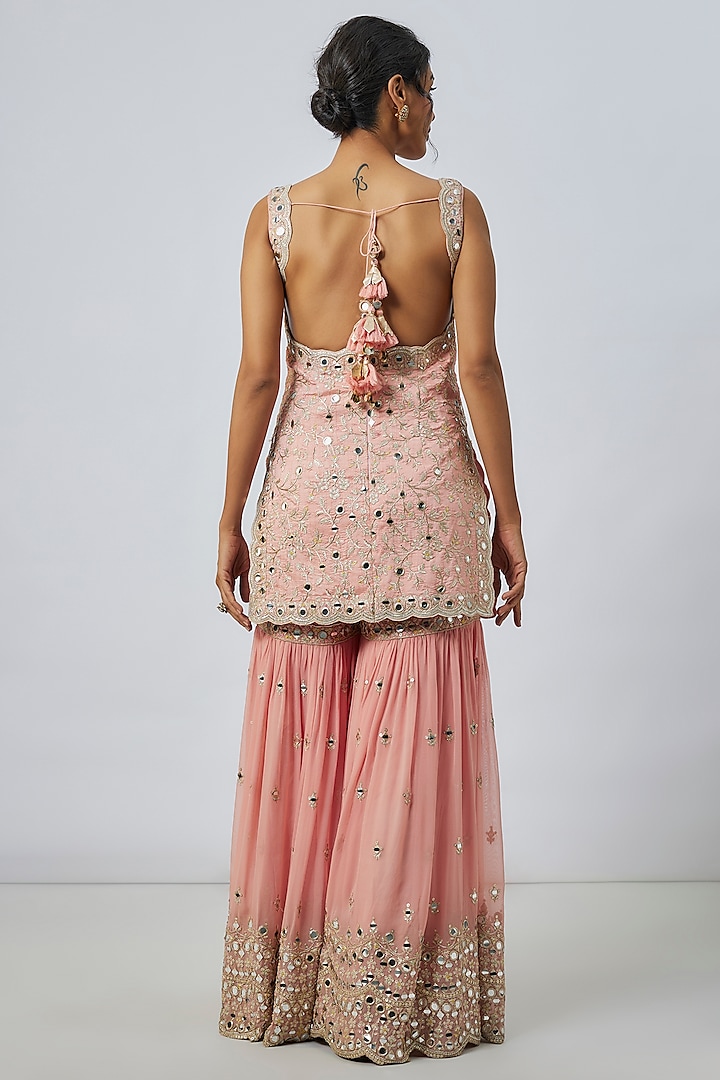 Pink Georgette Mirror Embroidered Wedding Sharara Set by GOPI VAID at Pernia's Pop Up Shop