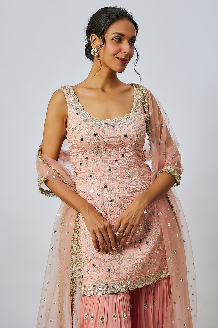 Pink Georgette Mirror Embroidered Wedding Sharara Set by GOPI VAID at Pernia's Pop Up Shop