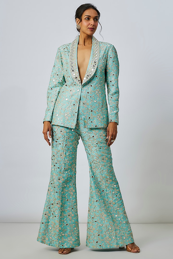 Blue Tussar Floral Jaal Embroidered Blazer Set by GOPI VAID at Pernia's Pop Up Shop