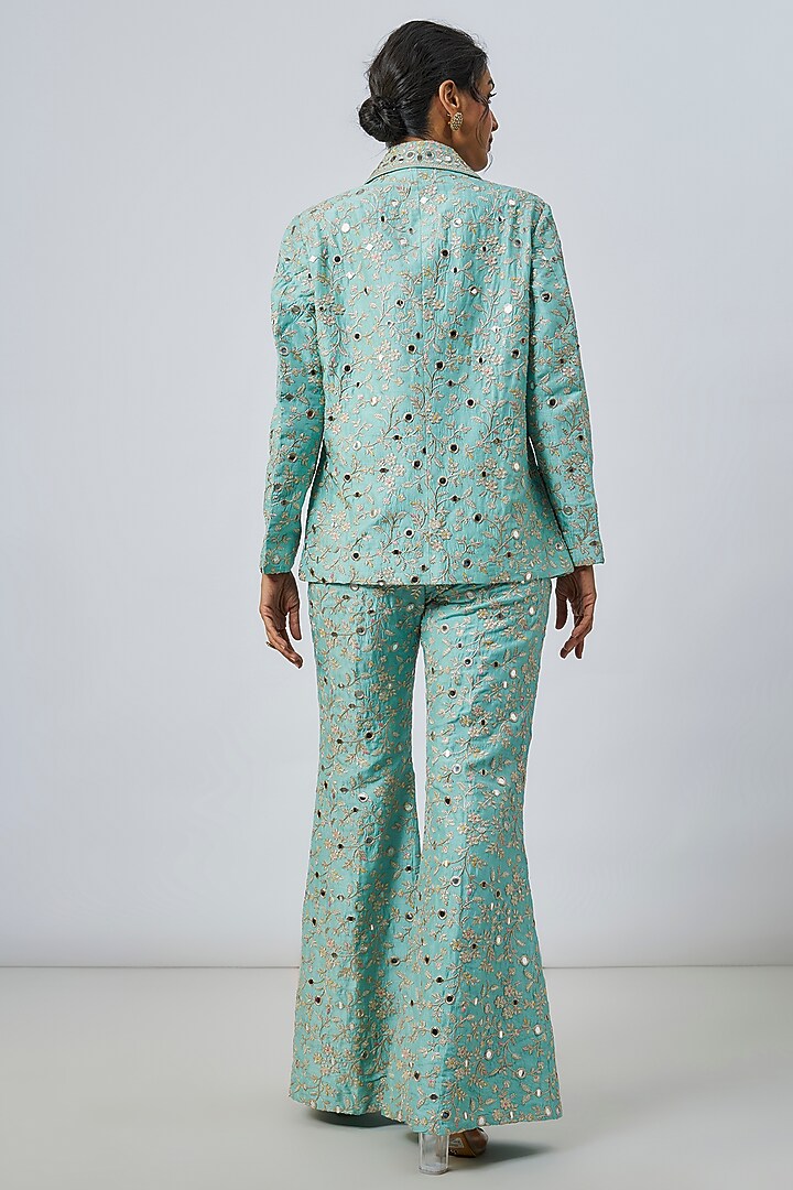Blue Tussar Floral Jaal Embroidered Blazer Set by GOPI VAID at Pernia's Pop Up Shop