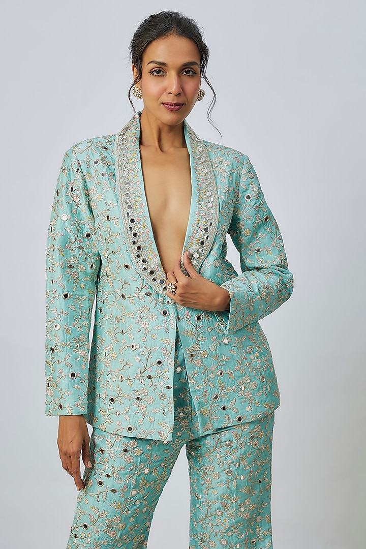Blue Tussar Floral Jaal Embroidered Blazer Set by GOPI VAID at Pernia's Pop Up Shop