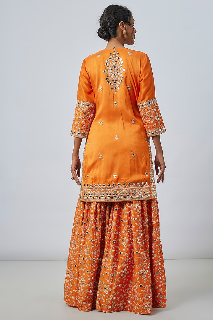 Orange Tussar Floral & Mirror Embroidered Wedding Sharara Set by GOPI VAID at Pernia's Pop Up Shop