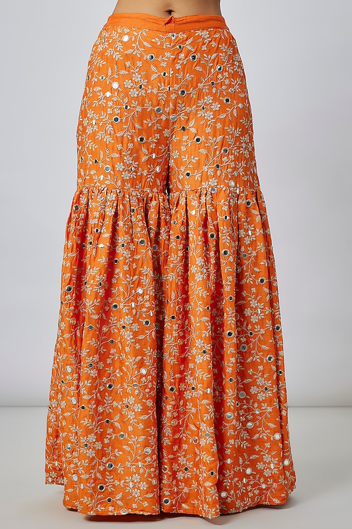 Orange Tussar Floral & Mirror Embroidered Wedding Sharara Set by GOPI VAID at Pernia's Pop Up Shop