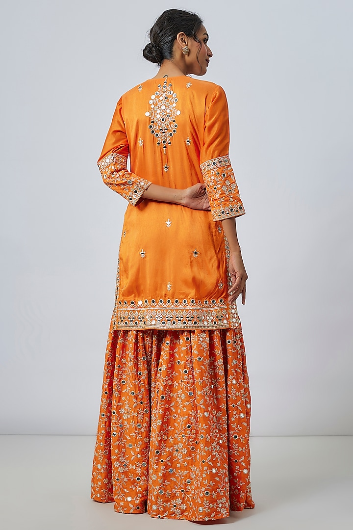 Orange Tussar Floral & Mirror Embroidered Wedding Sharara Set by GOPI VAID at Pernia's Pop Up Shop