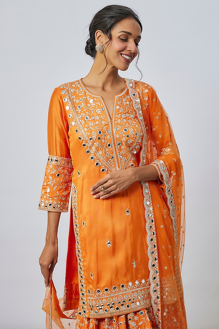 Orange Tussar Floral & Mirror Embroidered Wedding Sharara Set by GOPI VAID at Pernia's Pop Up Shop