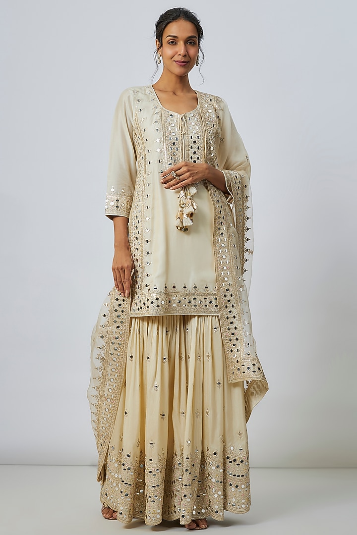 Ivory Georgette Mirror Embellished Wedding Sharara Set by GOPI VAID at Pernia's Pop Up Shop