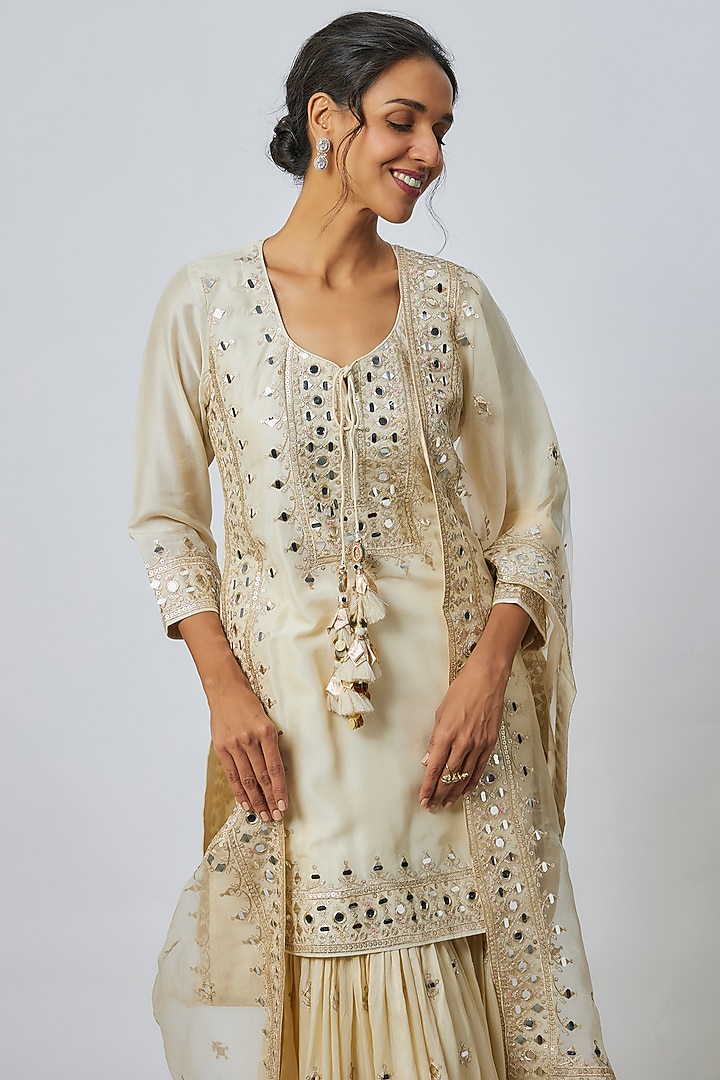 Ivory Georgette Mirror Embellished Wedding Sharara Set by GOPI VAID at Pernia's Pop Up Shop