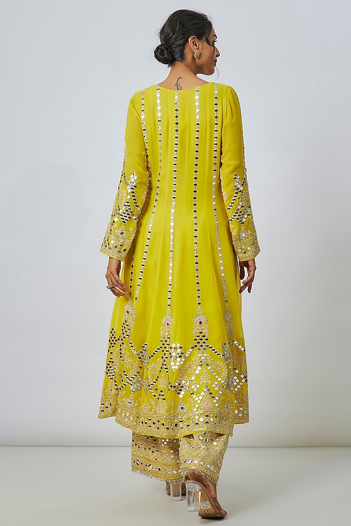 Yellow Georgette Mirror Embroidered Wedding Anarkali Set by GOPI VAID at Pernia's Pop Up Shop