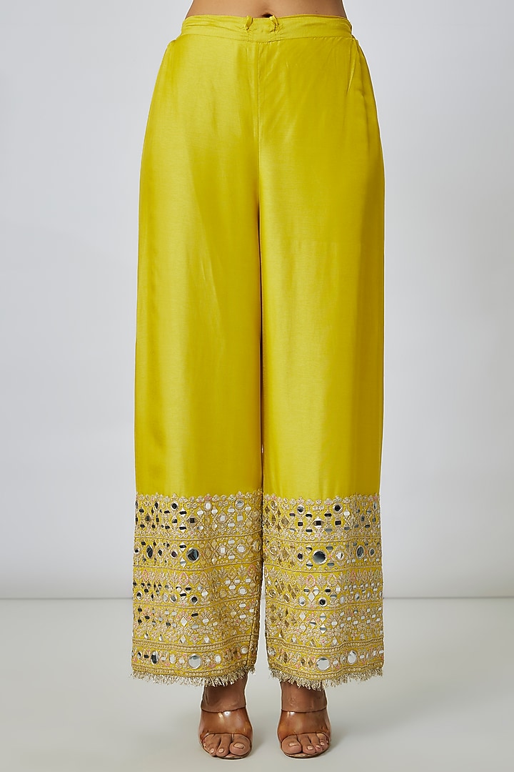 Yellow Georgette Mirror Embroidered Wedding Anarkali Set by GOPI VAID at Pernia's Pop Up Shop