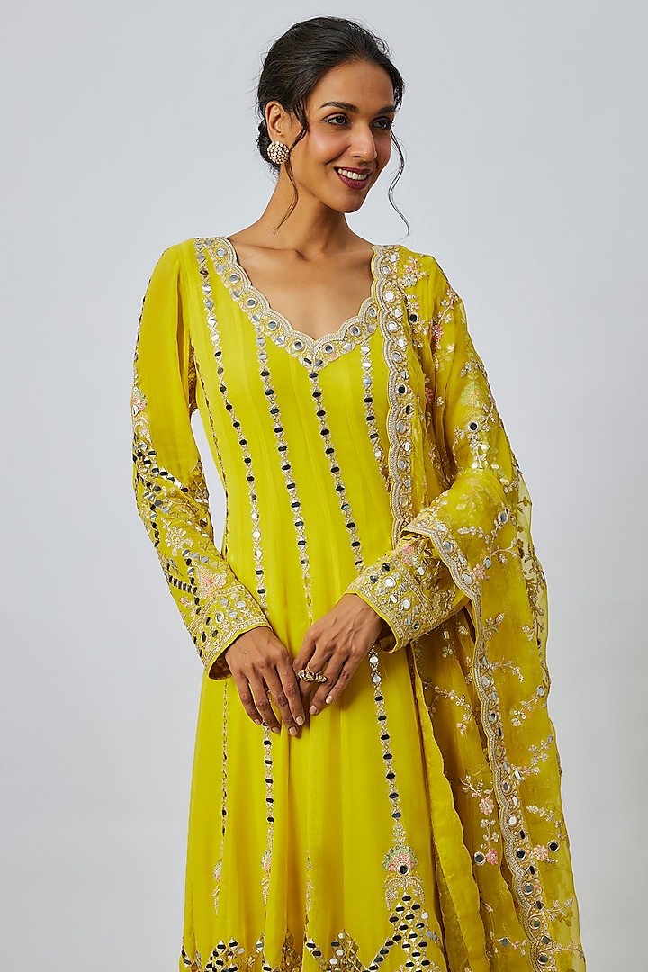 Yellow Georgette Mirror Embroidered Wedding Anarkali Set by GOPI VAID at Pernia's Pop Up Shop