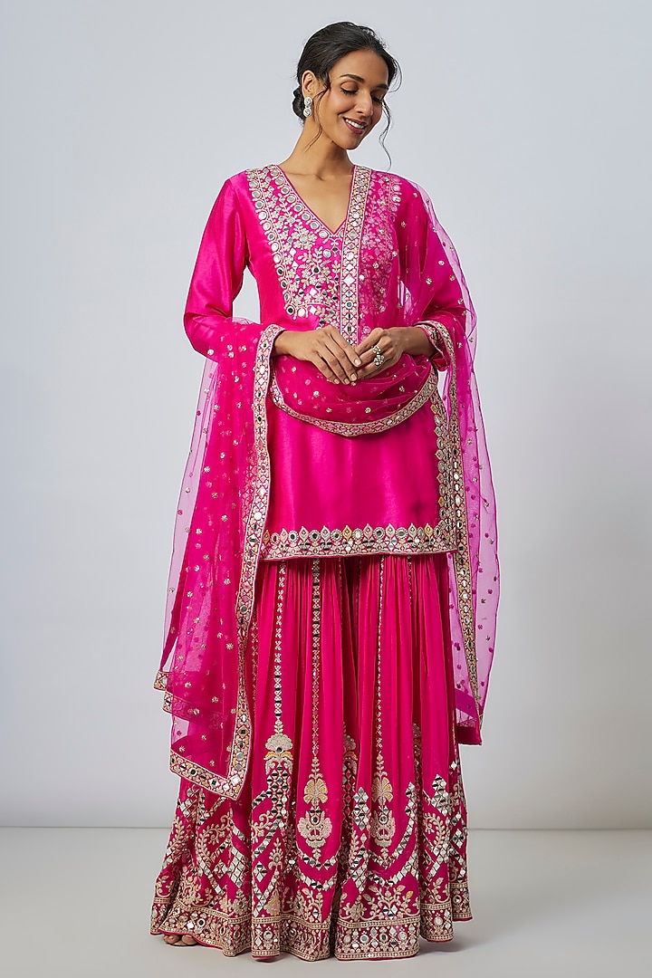 Pink Georgette Mirror Embroidered Wedding Sharara Set by GOPI VAID at Pernia's Pop Up Shop