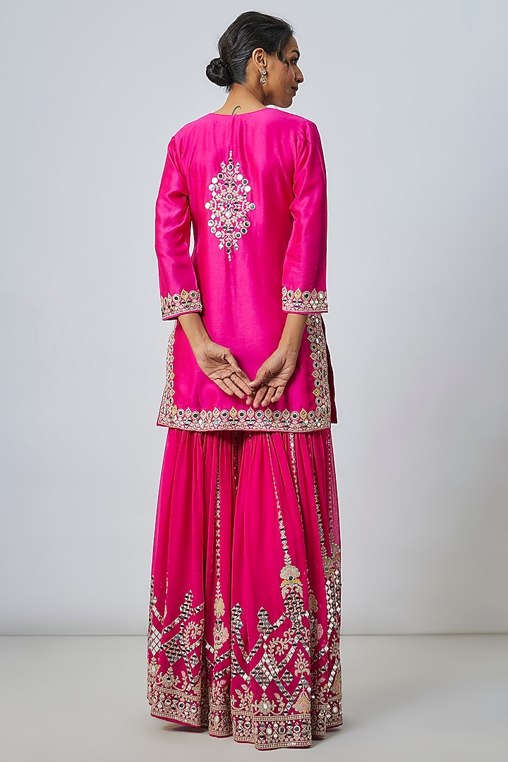 Pink Georgette Mirror Embroidered Wedding Sharara Set by GOPI VAID at Pernia's Pop Up Shop
