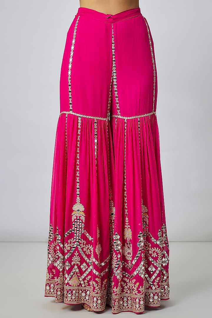 Pink Georgette Mirror Embroidered Wedding Sharara Set by GOPI VAID at Pernia's Pop Up Shop