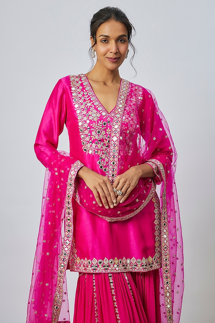 Pink Georgette Mirror Embroidered Wedding Sharara Set by GOPI VAID at Pernia's Pop Up Shop
